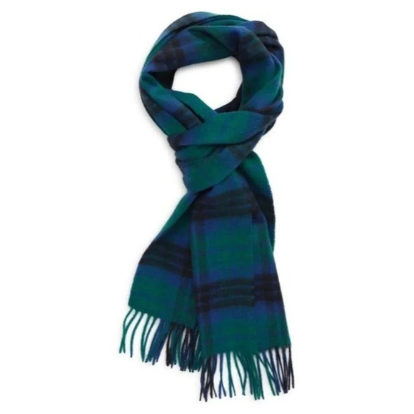 Nordstrom Women's 100% Cashmere Fringe‎ Scarf In Navy Peacoat Watch Plaid OS NWT - Picture 1 of 8